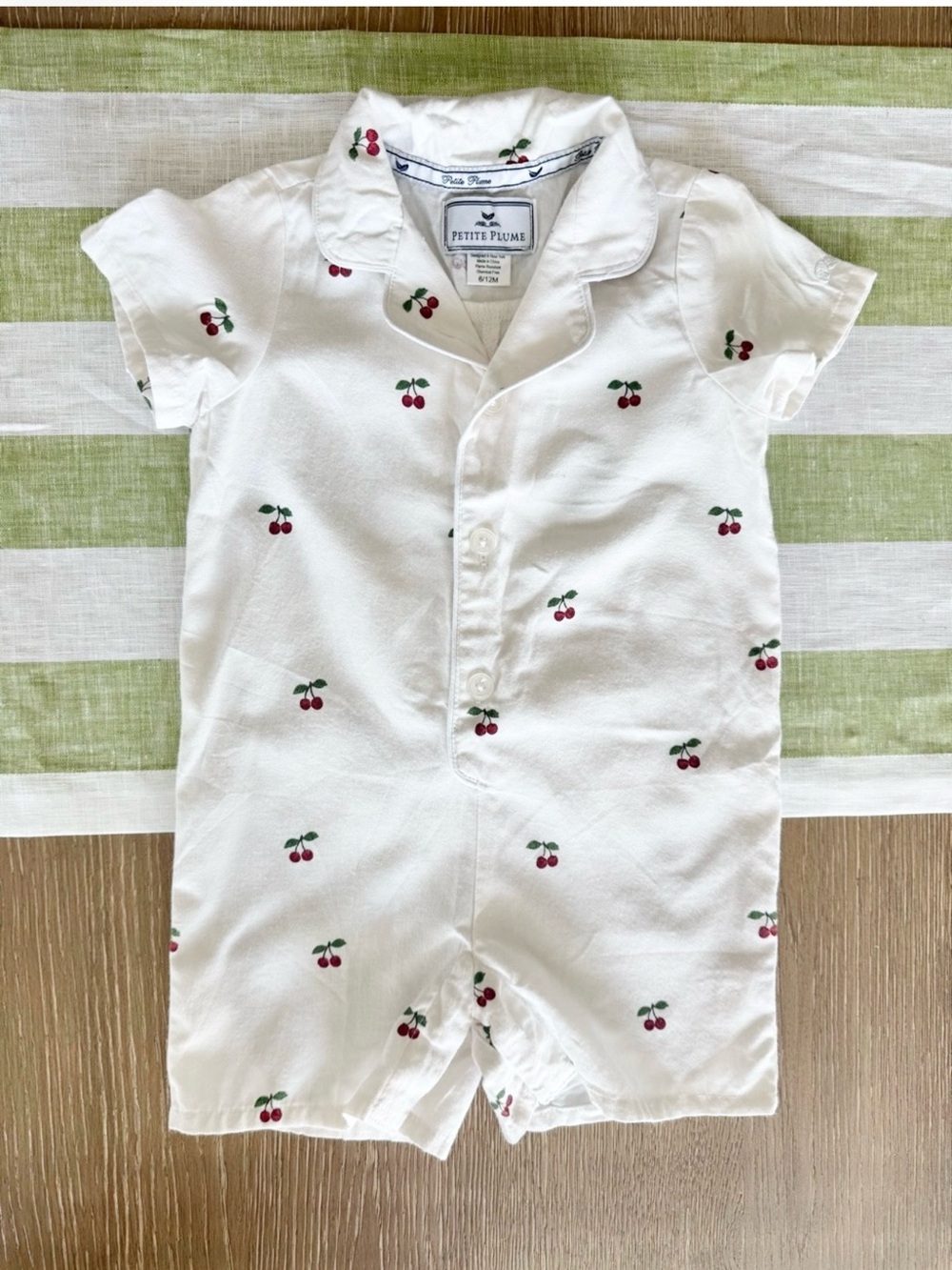 Petite Plume x Maisonette White Cherry-Print Baby Romper